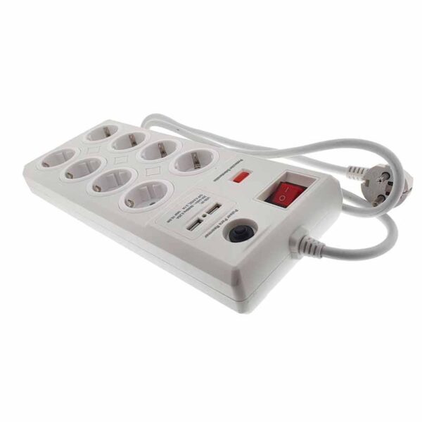 Regleta de enchufe 8x16A protec. sobretensión + 2 USB 2,1A