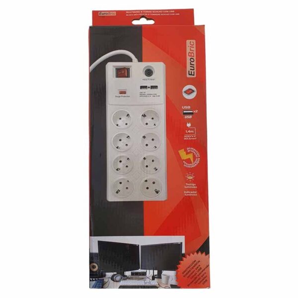 Regleta de enchufe 8x16A protec. sobretensión + 2 USB 2,1A