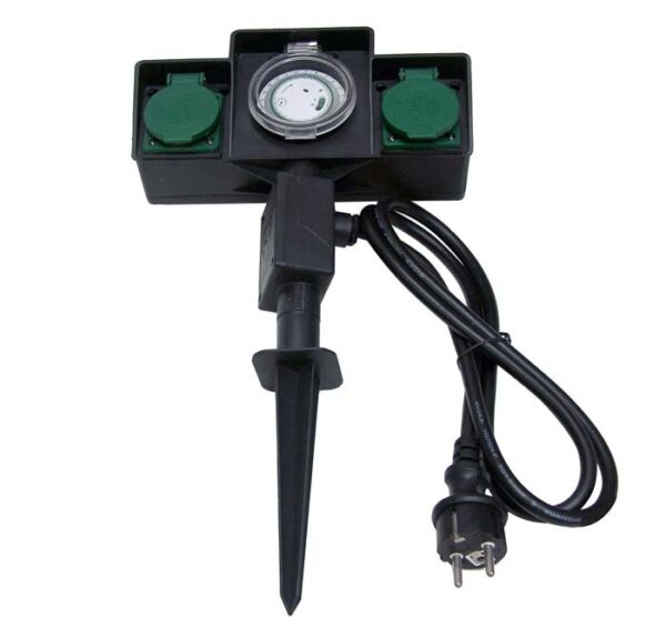Pica de jardín con dos tomas IP44 + programador cable 1,5M H07RN-F