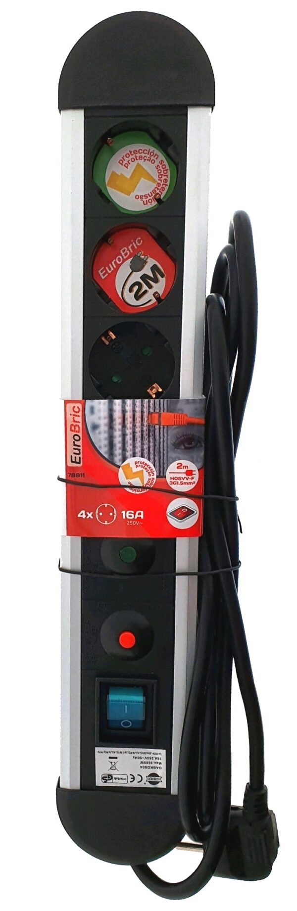 Regleta eléctrica multitomas de aluminio con protección sobretensión 2M 3G1,5MM2 + interruptor
