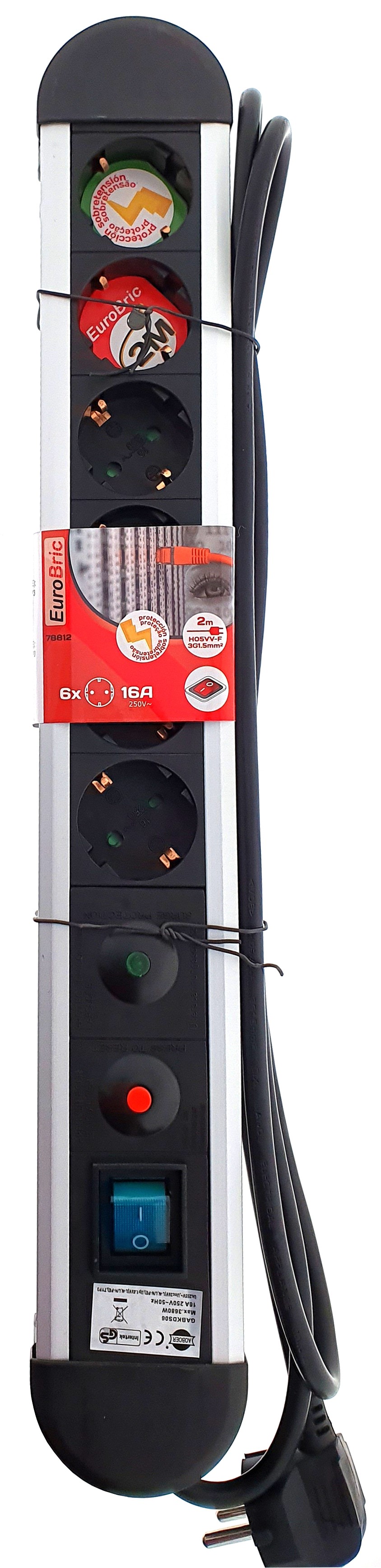 Regleta eléctrica multitomas de aluminio con protección sobretensión 2M 3G1,5MM2 + interruptor