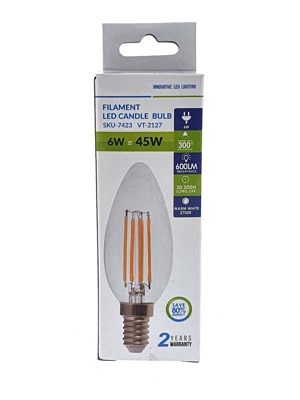Bombilla Led Filamento 6W vela E14 2700K 600 lumens