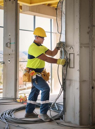 Firefly electrician in a big flat of an industrial construction site; man is doing repairing work 83
