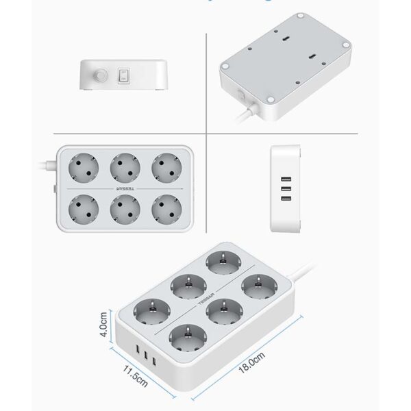 Regleta de Enchufes Eléctrica de 6 Tomas 16A Schuko con 3 Puertos USB