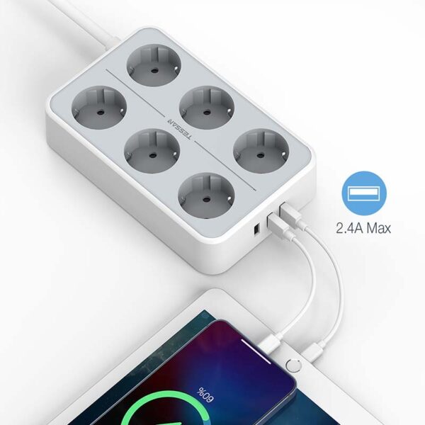 Regleta de Enchufes Eléctrica de 6 Tomas 16A Schuko con 3 Puertos USB