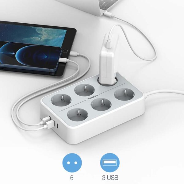 Regleta de Enchufes Eléctrica de 6 Tomas 16A Schuko con 3 Puertos USB